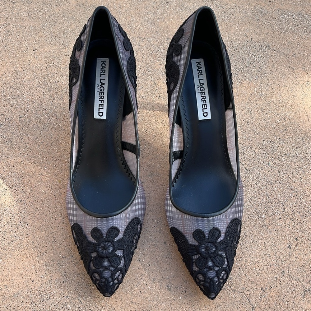 Karl Lagerfeld Paris Black Mesh Lace Rey 2 Sexy Heel Pump Womens Size 9 M - Picture 3 of 12